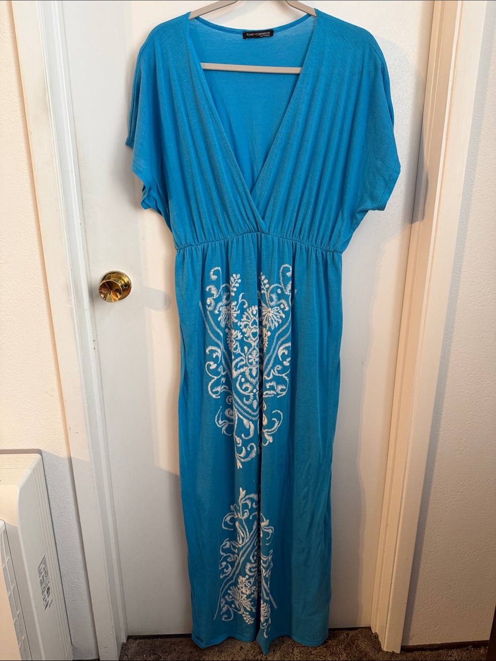 Turquoise V-Neck Maxi Dress with White Embroidered Motif